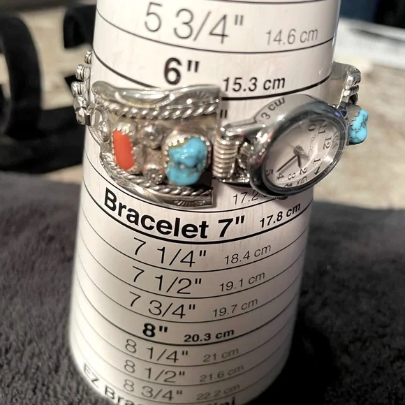 Vintage Navajo Turquoise & Coral Nugget Watchband Featuring New Watch - Picture 5 of 10
